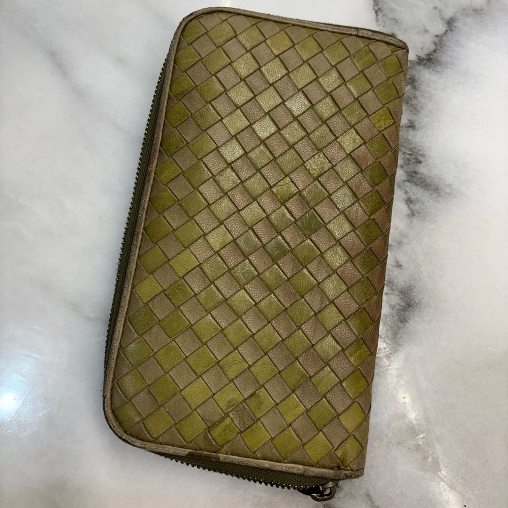 Bottega Veneta Intrecciato Zip Around Wallet Olive Taupe Woven Leather Italy - Picture 7 of 10